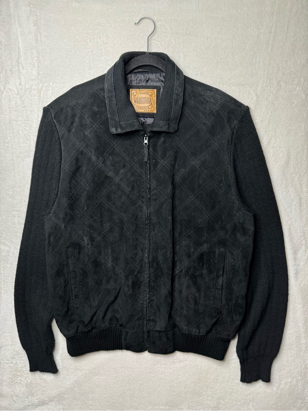 Vintage Black Suede  & Leather Diamond Quilted Bomber Zip-Up Jacket Knit Sleeves